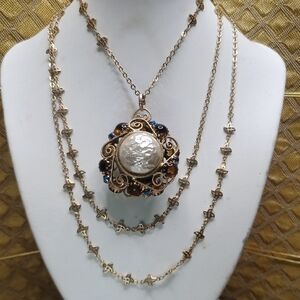 Vintage Gold and Brown, Blue AB Crystal Pendant Necklace